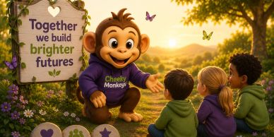 Cheerful monkey mascot teaching kids outdoors at sunset.