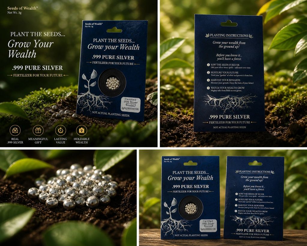 Seeds of wealth TM displays 3 grams of .999 pure silver in a clear capsule with plant theme packagin