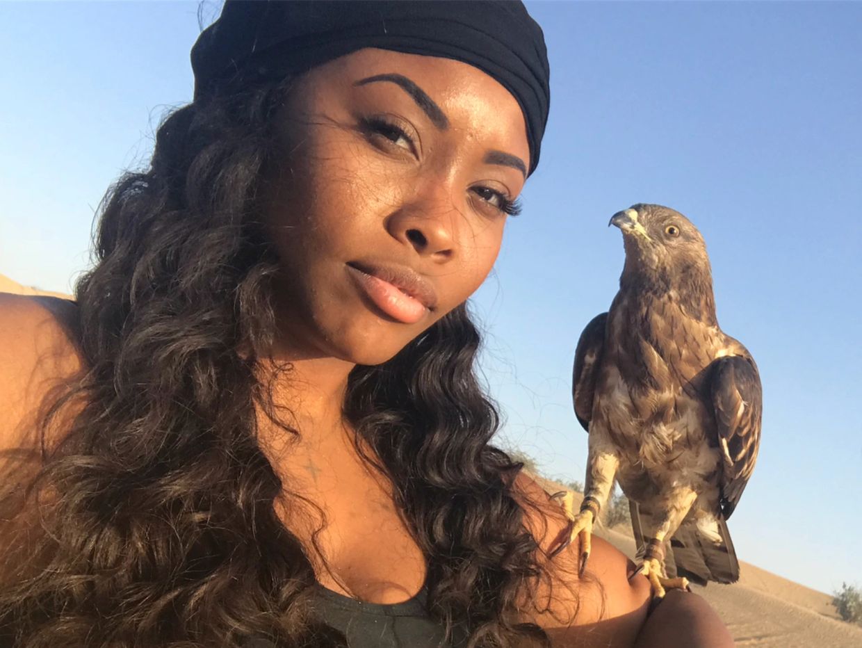 Woman posing with a hawk on her arm in a sunny outdoor setting.