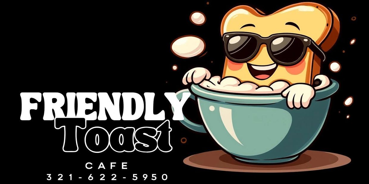 Friendly Toast cafe logo with happy toast in a cup.