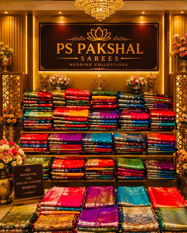 Display of colorful wedding sarees at PS Pakshal Sarees.