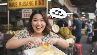 Happy woman enjoying durian at a market stall with speech bubble saying "Wah, Shiok ah!"