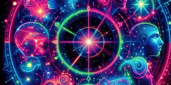 Vibrant neon zodiac wheel with human faces and astrological symbols.