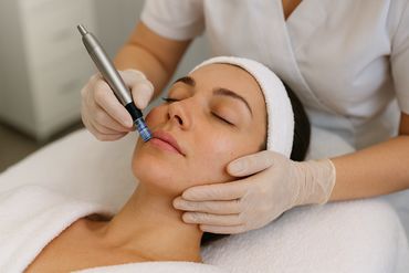 Woman receiving a microneedling facial treatment at a spa.