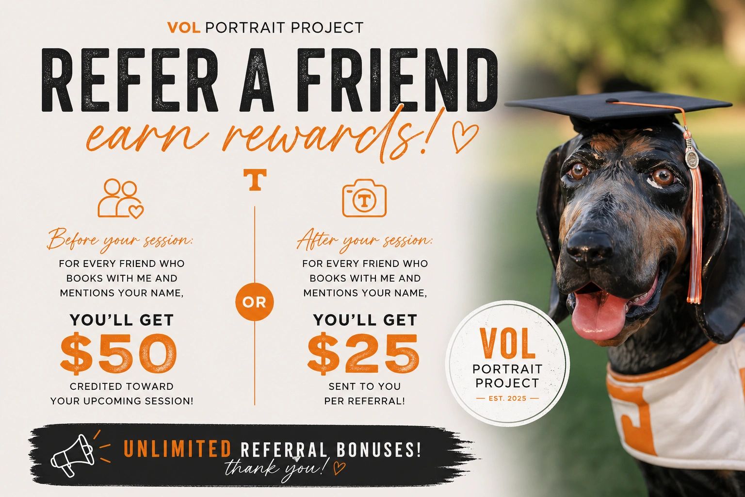 Refer a friend for portrait sessions and earn rewards, featuring a dog in graduation attire.