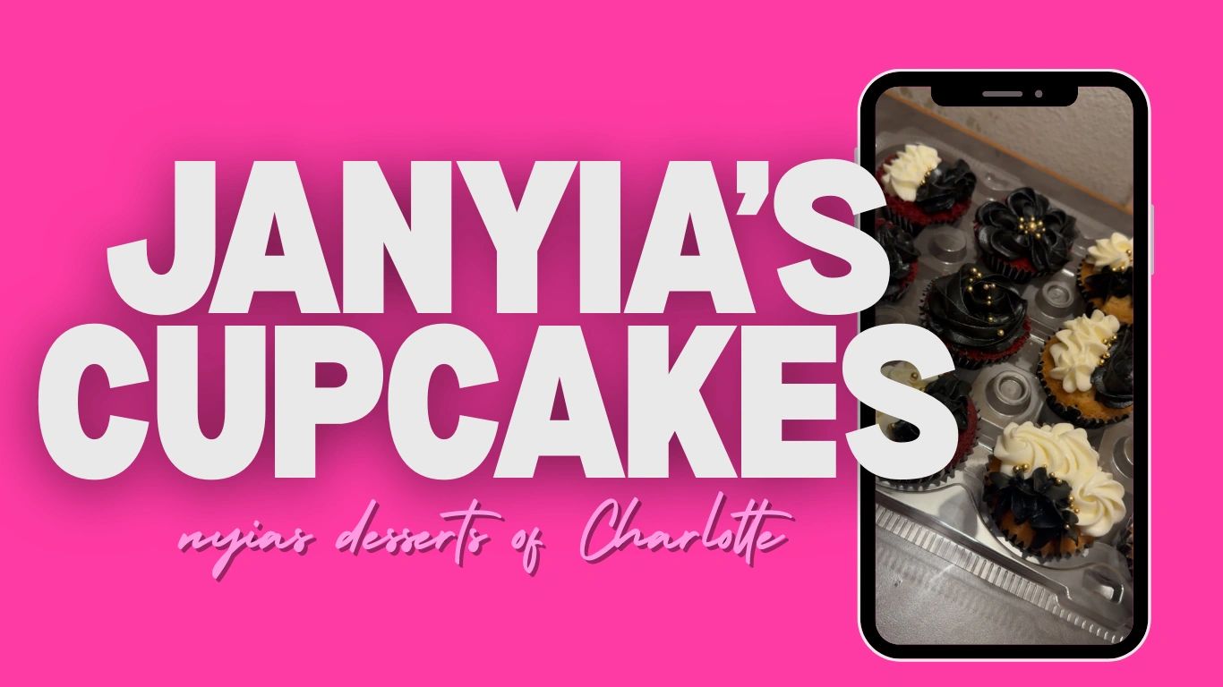 Janyia's Cupcakes logo with a phone showing black and white frosted cupcakes.