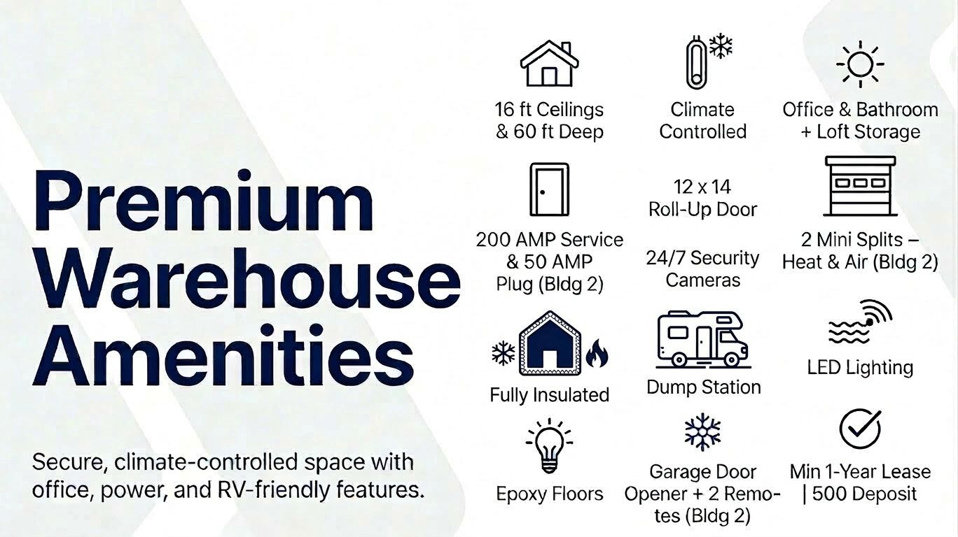 Premium warehouse with climate control, security, and RV-friendly features.