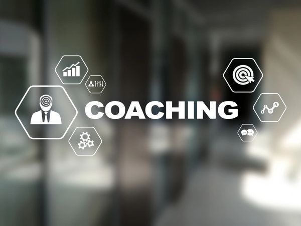 Coaching and mentoring on virtual screen. Personal development concept.