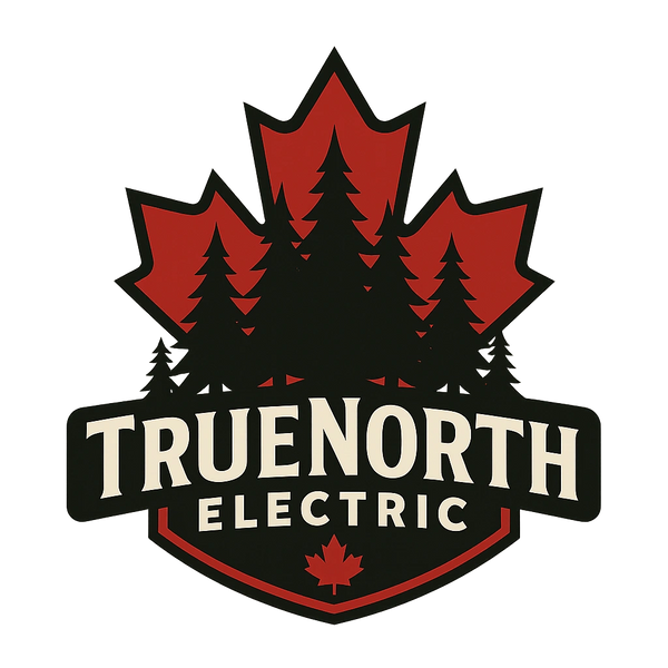 Logo of TrueNorth Electric featuring pine trees and maple leaf.