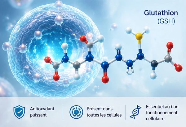 Molecular structure of glutathione with cellular benefits.