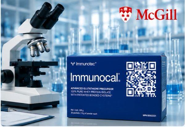 Microscope and Immunocal box in a lab with McGill logo.