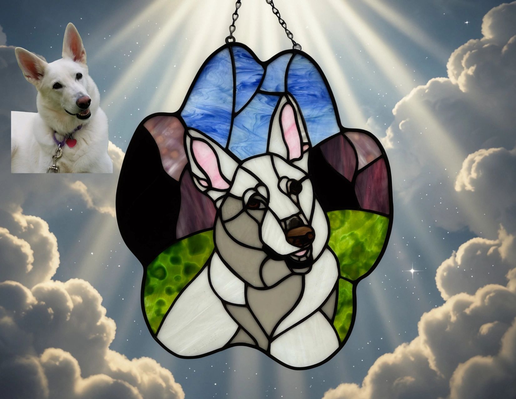 White German Shepherd in a Paw Print shape.