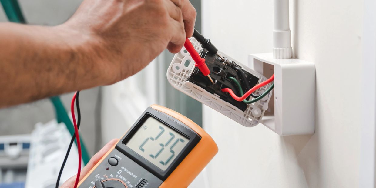 Person using a multimeter to measure voltage in a wall socket.