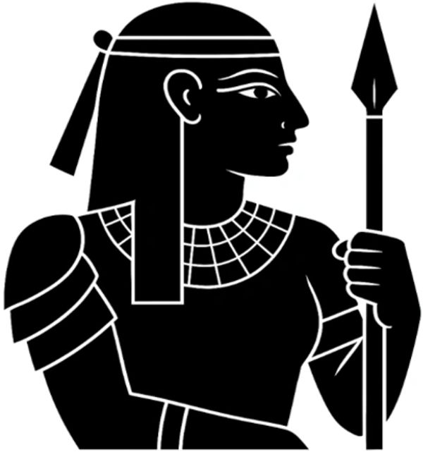 Silhouette of an ancient Egyptian warrior holding a spear.