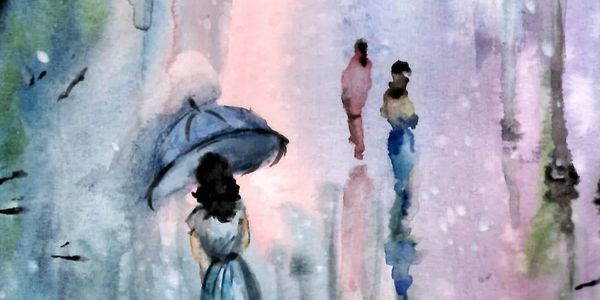 Watercolor painting of people walking with umbrella.