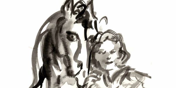 Ink sketch of a girl and a horse.
