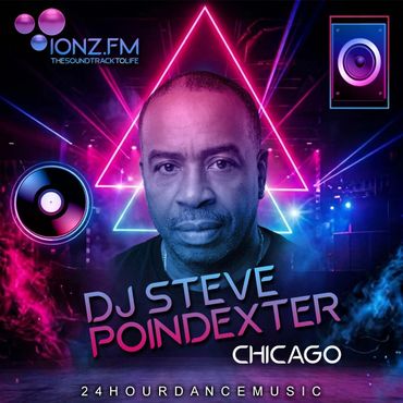 DJ Steve Poindexter promotional graphic with neon lights.