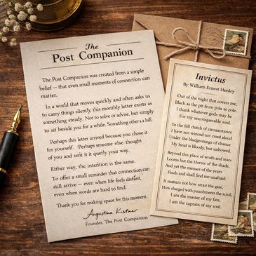 Letters from The Post Companion and Invictus poem on a wooden table.