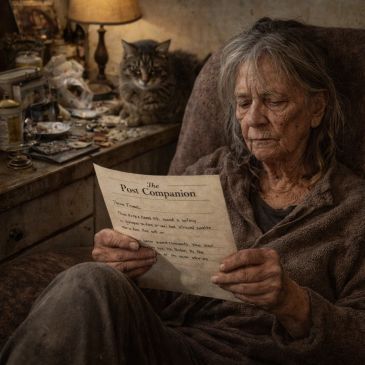 An elderly woman reads a letter in a dimly lit room with a cat nearby.