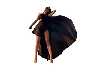 Woman in a flowing black dress posing elegantly against a white background.