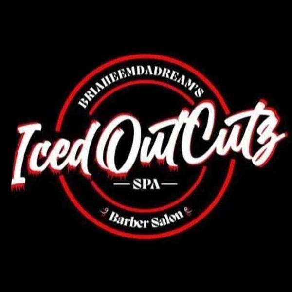 Logo for IcedOutCutz Spa Barber Salon with bold white and red text on black background.