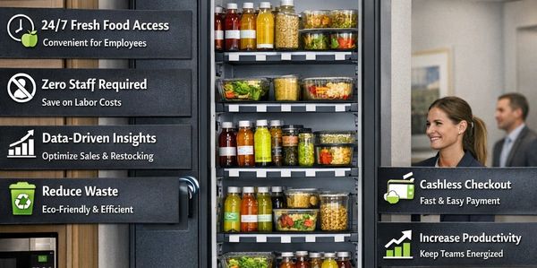 Smart vending machine offers fresh food 24/7 with cashless checkout and data-driven insights.