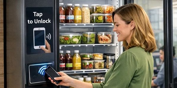 Woman unlocking a smart fridge using her phone with a smile.