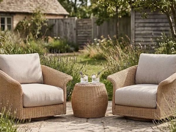 Two wicker armchairs and a matching table with drinks in a garden setting.