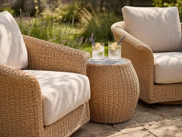 Two wicker armchairs with cushions and a matching wicker side table with drinks.