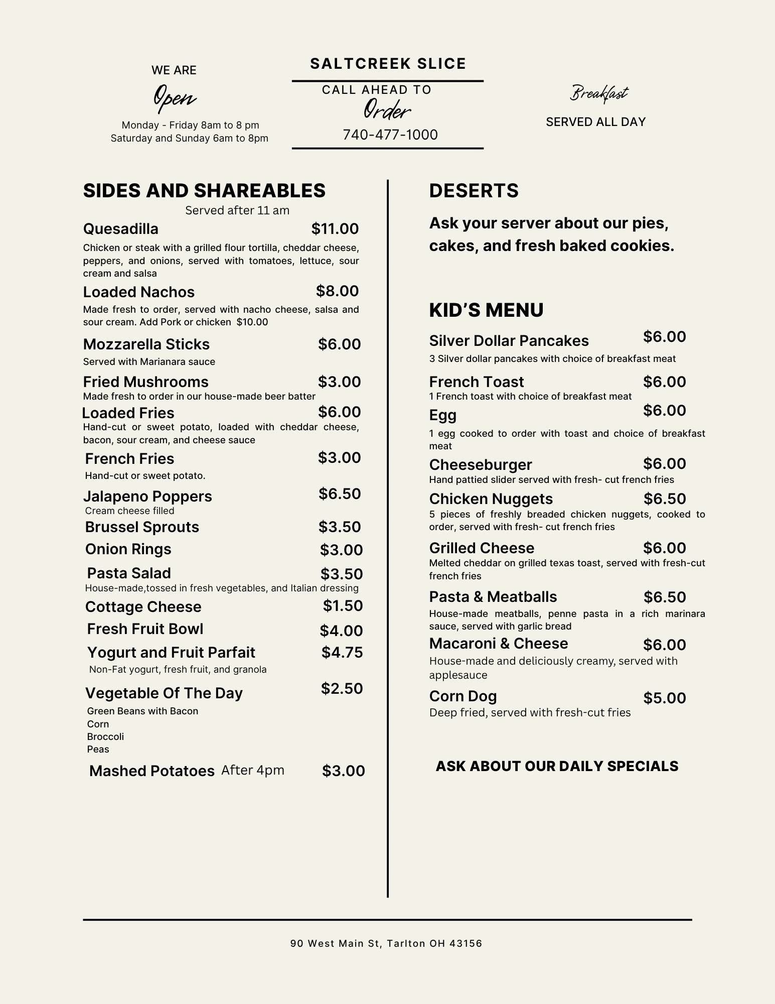 Saltcreek Slice menu with sides, shareables, and kid's menu dishes