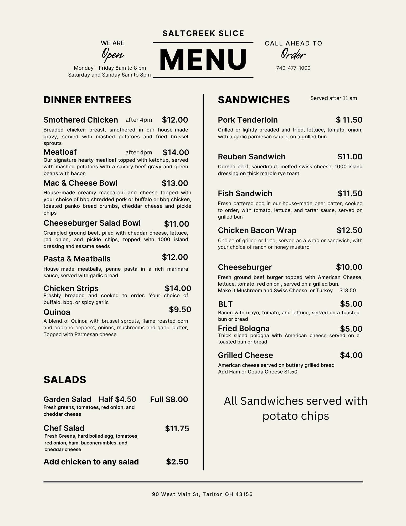Saltcreek Slice menu with dinner entrees, salads, and sandwiches.