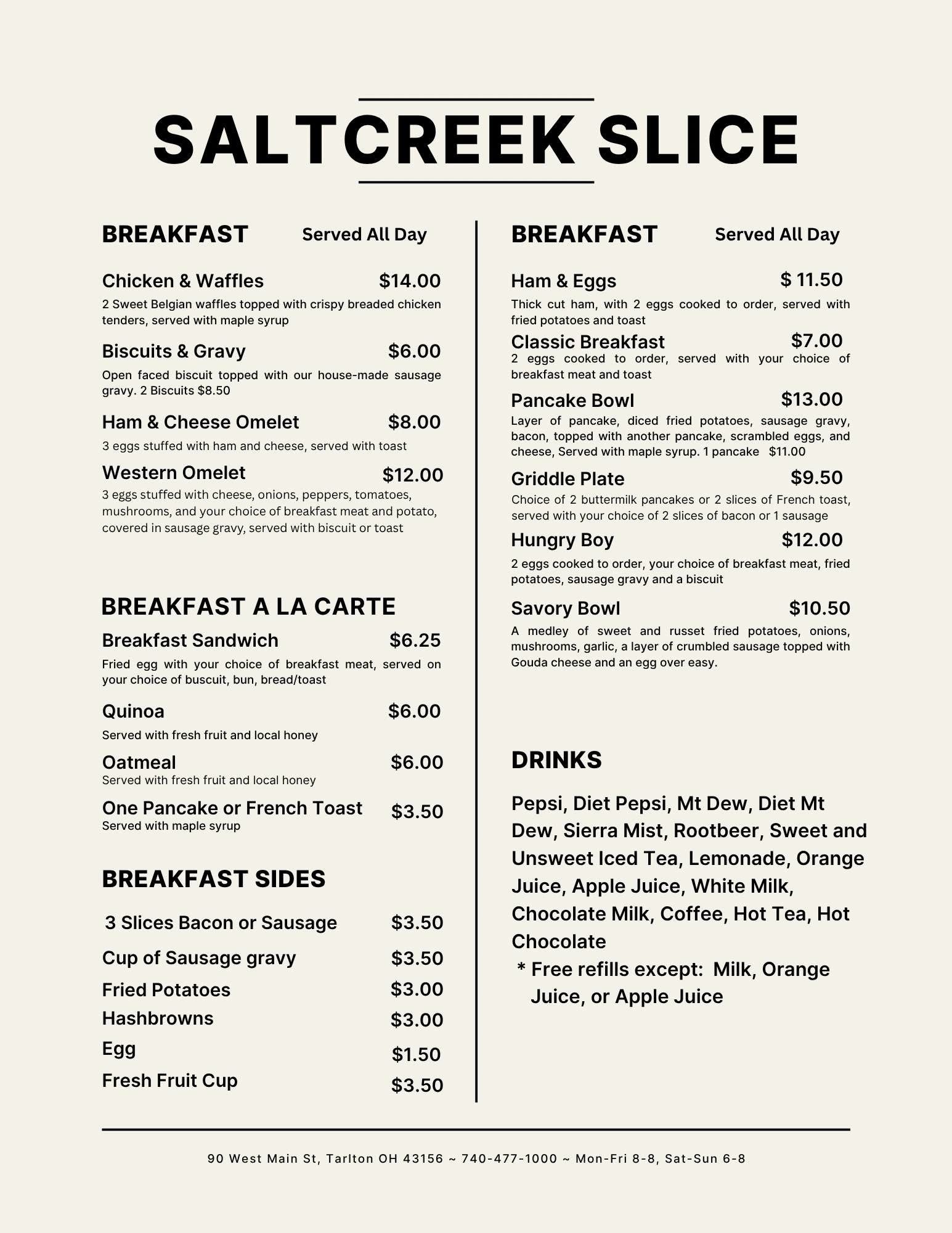 Saltcreek Slice breakfast menu with various breakfast items and drinks.