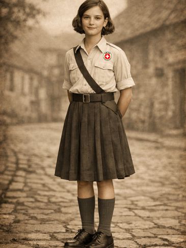 Young girl in vintage Red Cross uniform standing on cobblestone street.