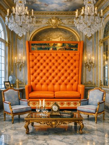 Luxurious room with a grand orange tufted sofa and ornate decor.