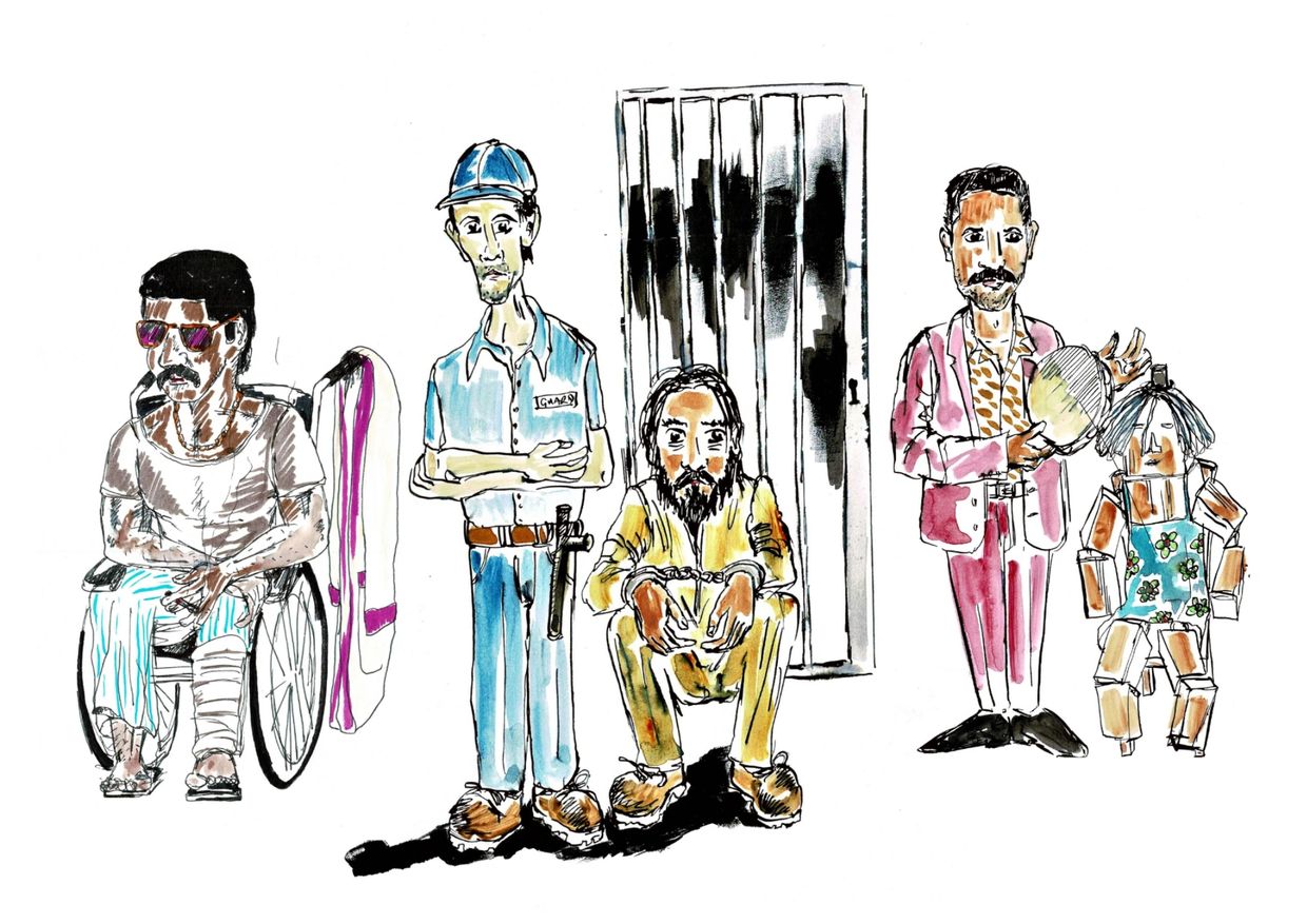 Drawing of diverse characters including a man in a wheelchair, a police officer, a prisoner, and a puppeteer with a puppet.
