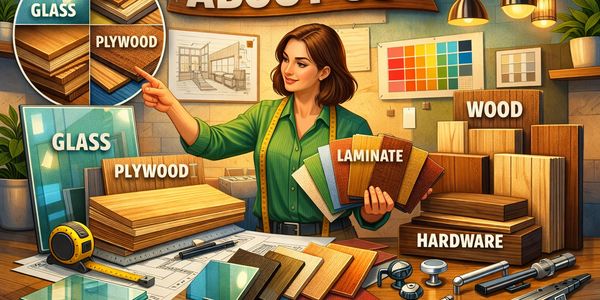 Woman showcasing various wood, glass, and laminate materials with hardware in a workshop.