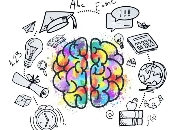 Colorful brain surrounded by education and learning icons.