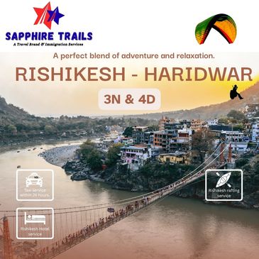 Travel advertisement for a 3-night, 4-day Rishikesh-Haridwar tour with rafting and taxi services.