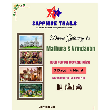 Travel ad for a 3-day, 4-night trip to Mathura & Vrindavan by Sapphire Trails.