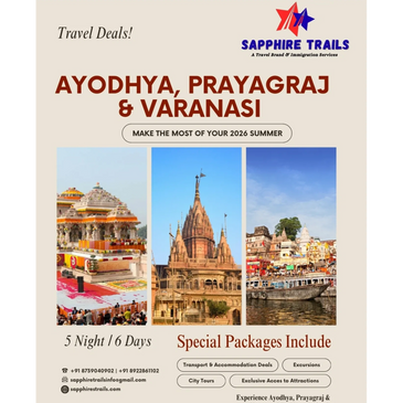 Travel deals for Ayodhya, Prayagraj, and Varanasi including special packages.