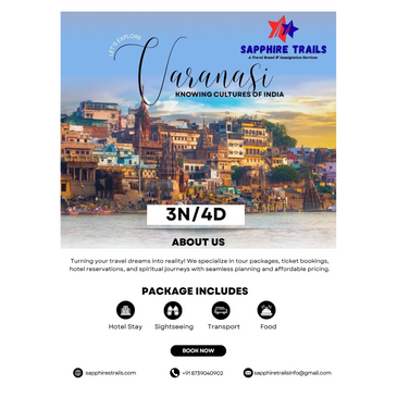 Travel package ad for a 3-night, 4-day Varanasi trip by Sapphire Trails.