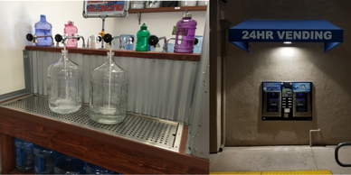 Water fill stations and outside 24 hour vending dispensers for alkaline and purified water.