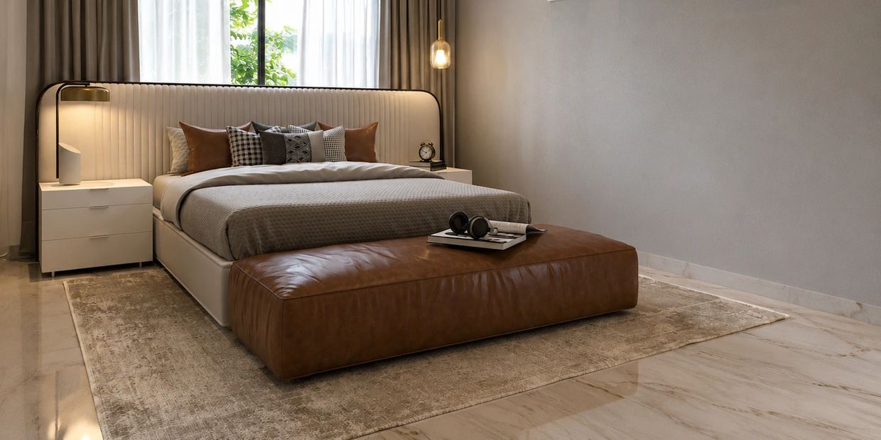 Modern bedroom with neutral tones and minimalist decor.
