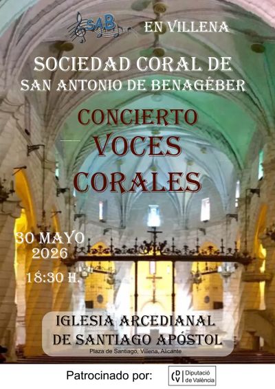 Poster announcing a choral concert in Villena, Spain, at a historic church.