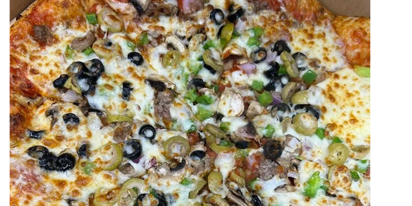 Loaded pizza with olives, mushrooms, green peppers, and melted cheese.