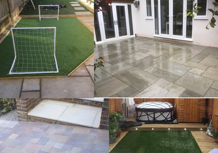 Artificial grass, Indian sandstone, decking, garden lighting. 