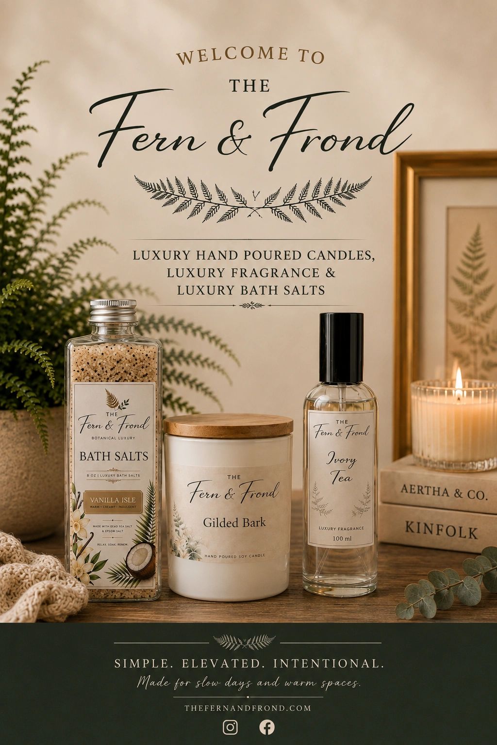 Luxury hand-poured candles, fragrance, and bath salts by Fern & Frond.