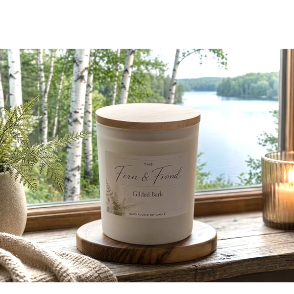 Soy candle by a window with forest and lake view.