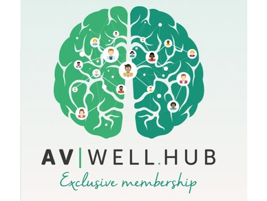 AV Well Hub memebrship logo - a green image of a brain with images of heads