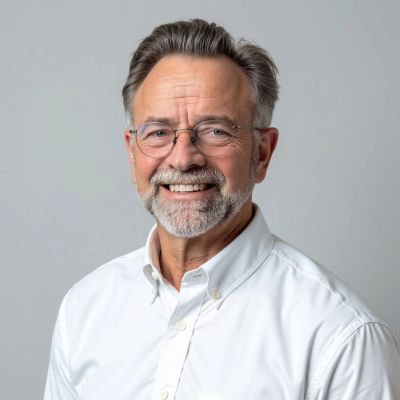Smiling older man with glasses and white beard in a white shirt.